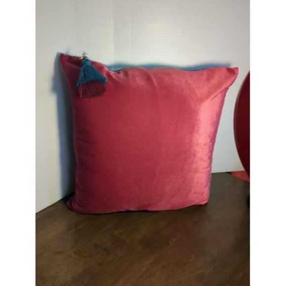 Distant Lands Teal And Fusia Pillow With Tassels And Removable Cover 18" - Picture 1 of 6